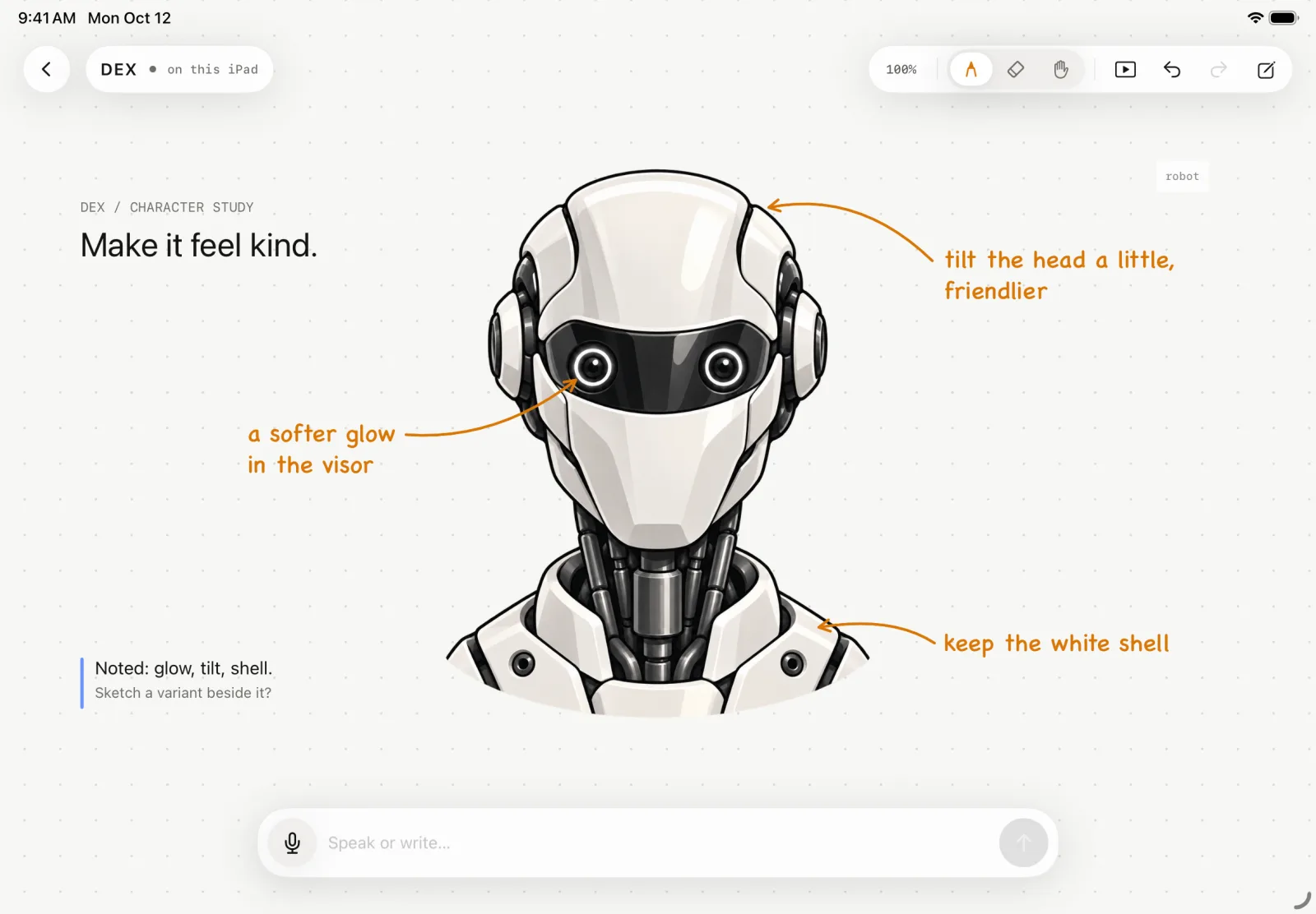 The DEX Zero board on iPad: a robot illustration titled “Make it feel kind”, three amber notes about its visor, head and shell, and a blue agent-style note that answers them.