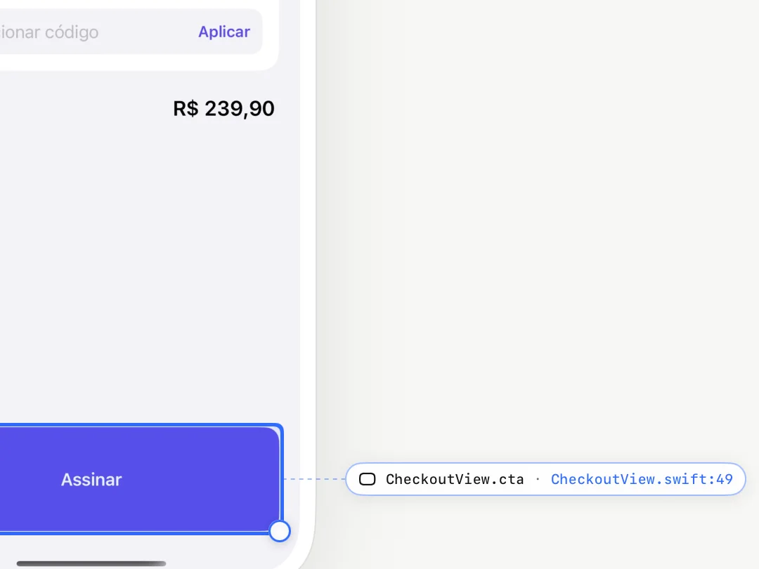 DEX Zero App mode after a real coding-agent edit: the “Assinar” (Subscribe) button of the Orbit sample app, now taller, is selected and linked to CheckoutView.swift, line 49.