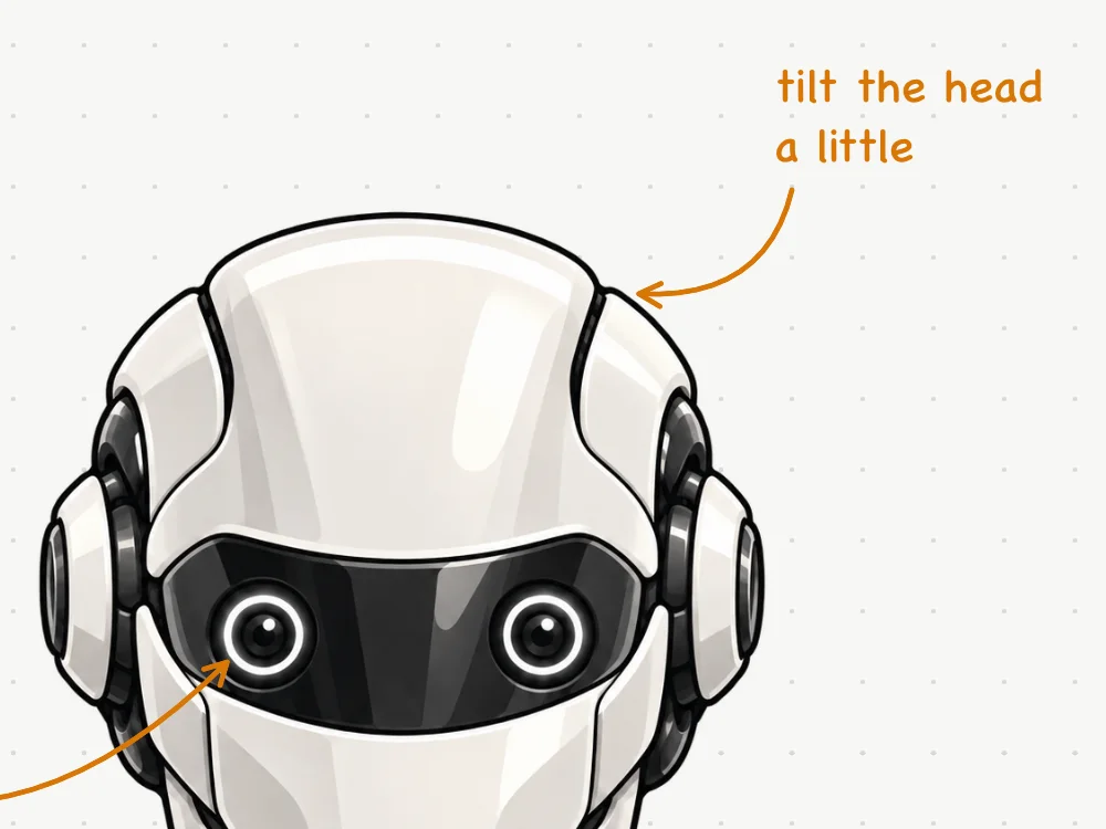 Close-up of a DEX Zero board: an amber handwritten note reads “tilt the head a little” and points with an arrow to the top of an illustrated robot’s head.