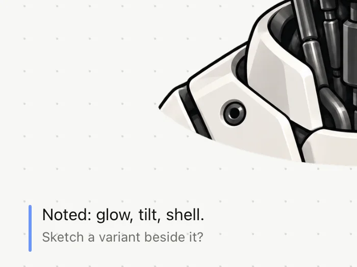 Close-up of a DEX Zero board: a blue agent-style note reads “Noted: glow, tilt, shell. Sketch a variant beside it?”