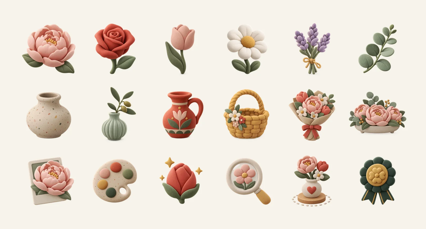 Flores Love 3D icon gallery in clay style: flowers, vases, tools and cards