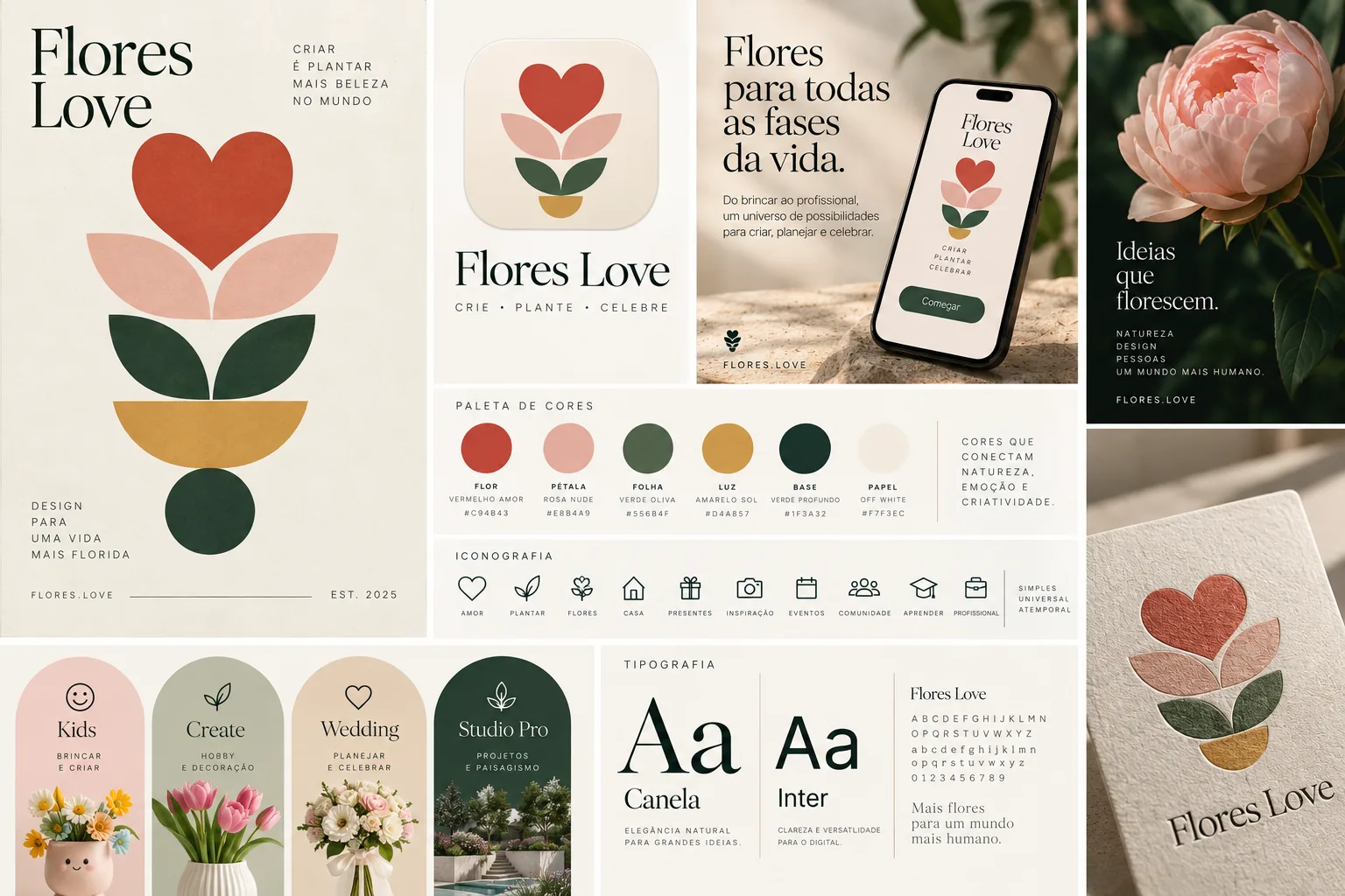 Flores Love visual identity study with symbol, typography and palette