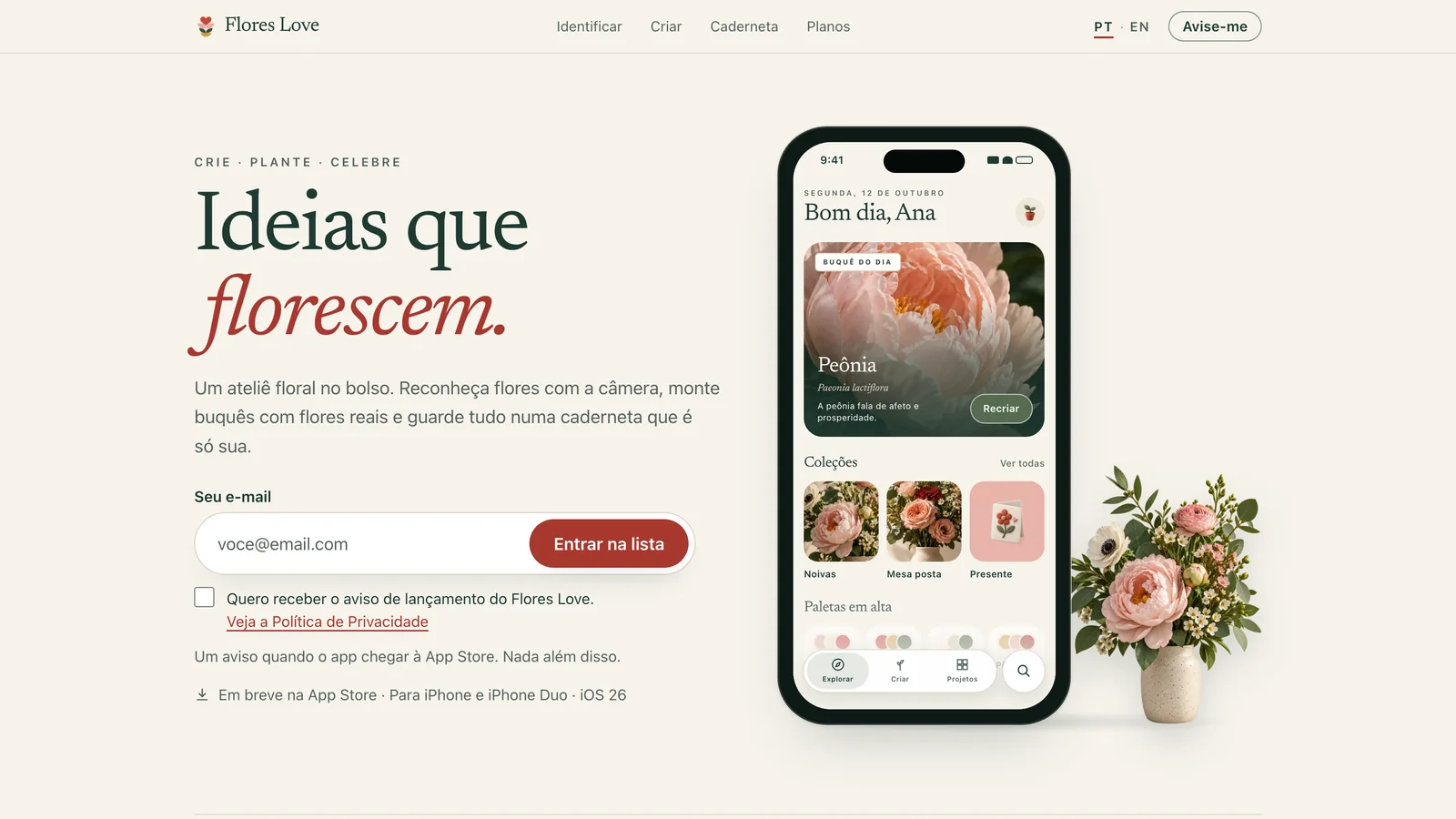 Flores Love landing page with the tagline Ideas that bloom and an iPhone showing a bouquet