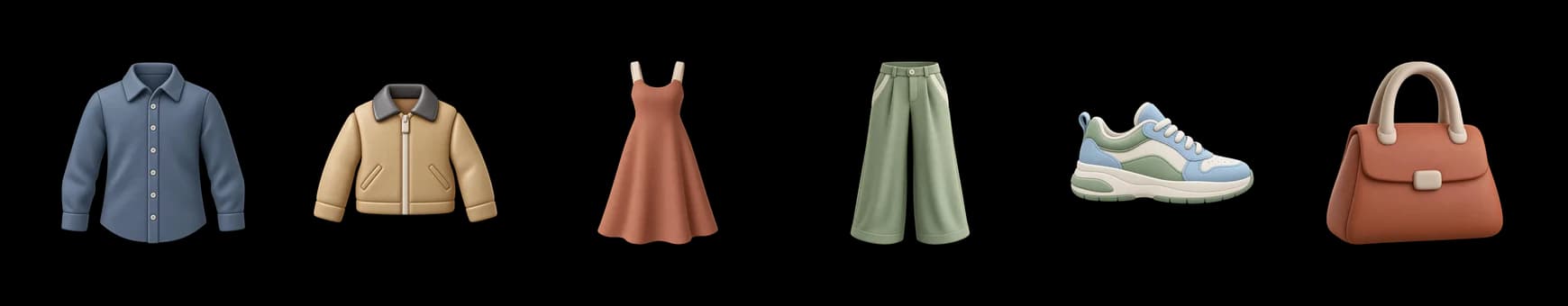 Ícones 3D do Styli: camisa, jaqueta, vestido, calça, tênis e bolsa
