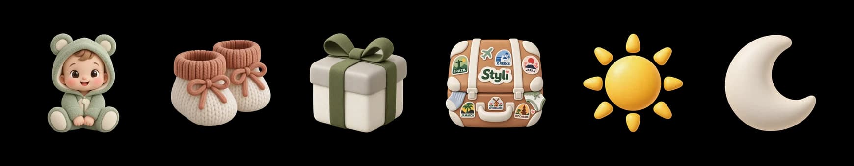Ícones 3D do Styli: bebê, sapatinho, presente, mala de viagem, sol e lua