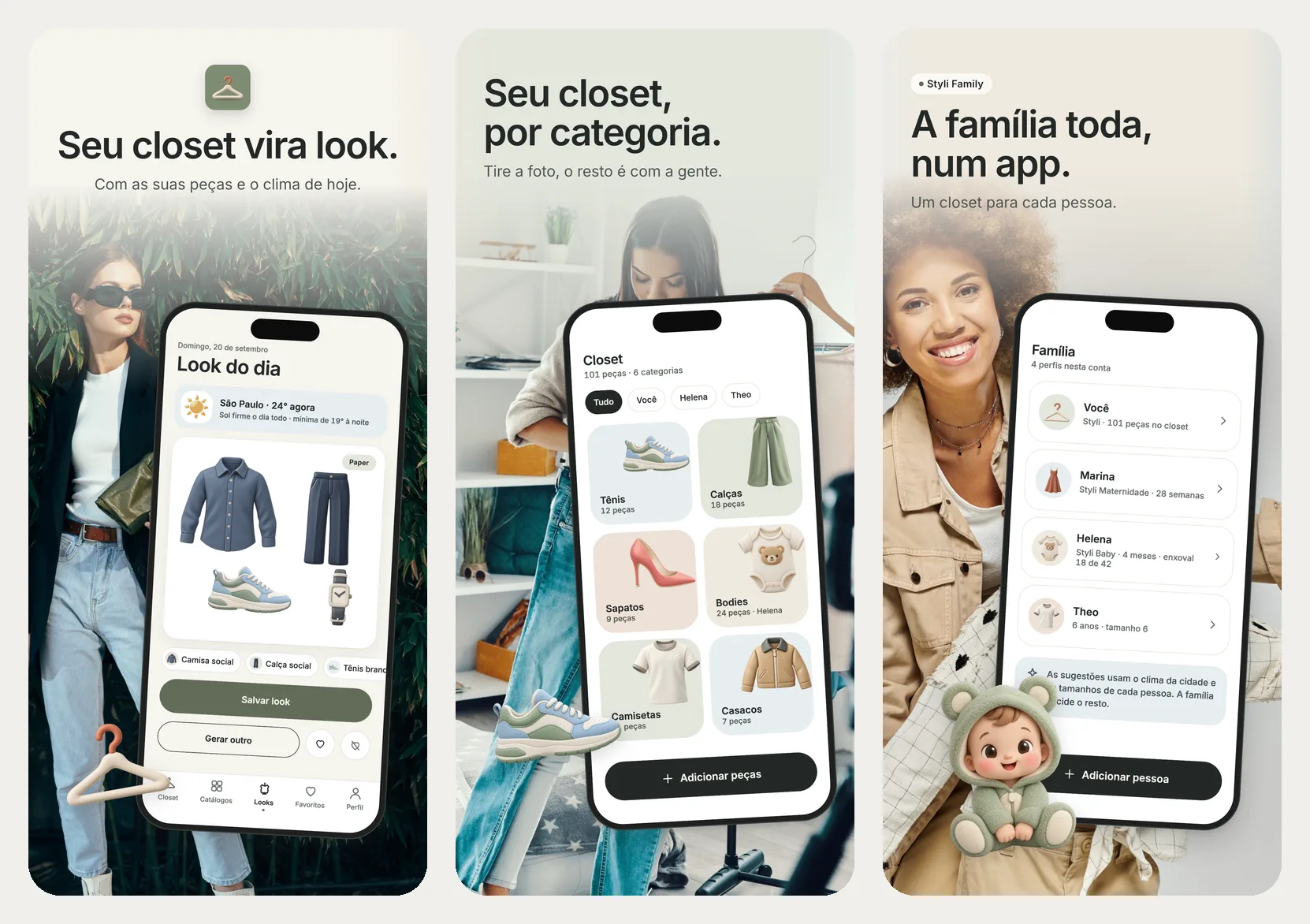 Telas do Styli: look do dia, closet por categoria e Styli Family